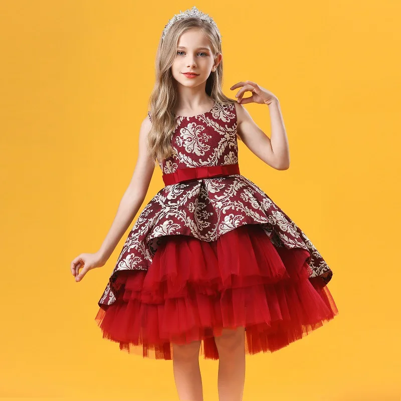 Layered Vintage Embroidery Baby Girls Princess Dress For Party Performance Elegant Kids Clothing платья для девочек 1-8 Years