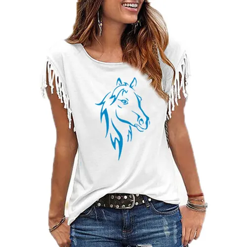 Imagen 2 del producto Besikom-Camiseta con estampado de caballo para mujer, ropa de calle divertida, Camiseta de algodón con borla de manga corta, camiseta informal con cuello redondo