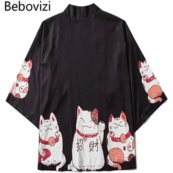 Bebovizi Japan Stil Kleidung Männer Sommer Streetwear Katze Druck Kimono Strickjacke Mandarin Robe Männer Unisex Japanischen Trend Kimonos