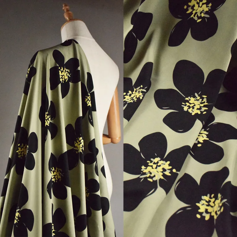 Half Meter Tea Green Big Flower Print Chiffon Fabric For Dress Trousers Lady's Garment Material No Transparent T1672