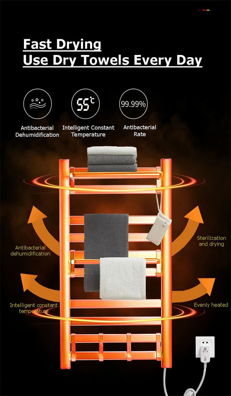 VSOMNIO Rak Handuk Elektrik Rak Handuk Pemanas dan Penghangat Aksesori Kamar Mandi Rak Handuk Rel Pemanas Pukulan Gratis
