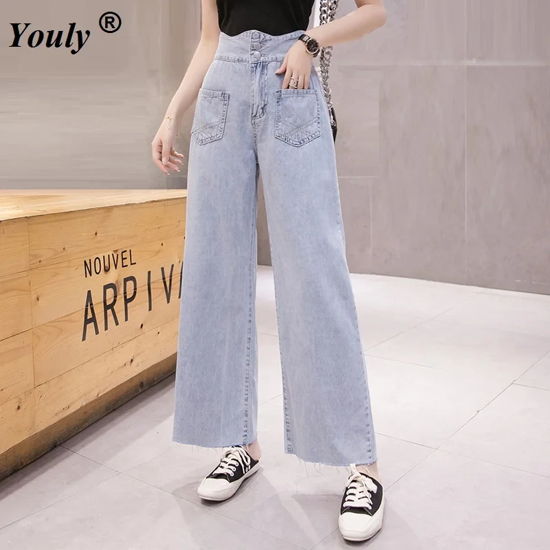 Cổ Thẳng Ống Rộng Quần Lửng Jeans Nữ Slim Denim Rời Thẳng Quần Đôi Ngực Quần Jean Cao Cấp Quần Dài Nữ