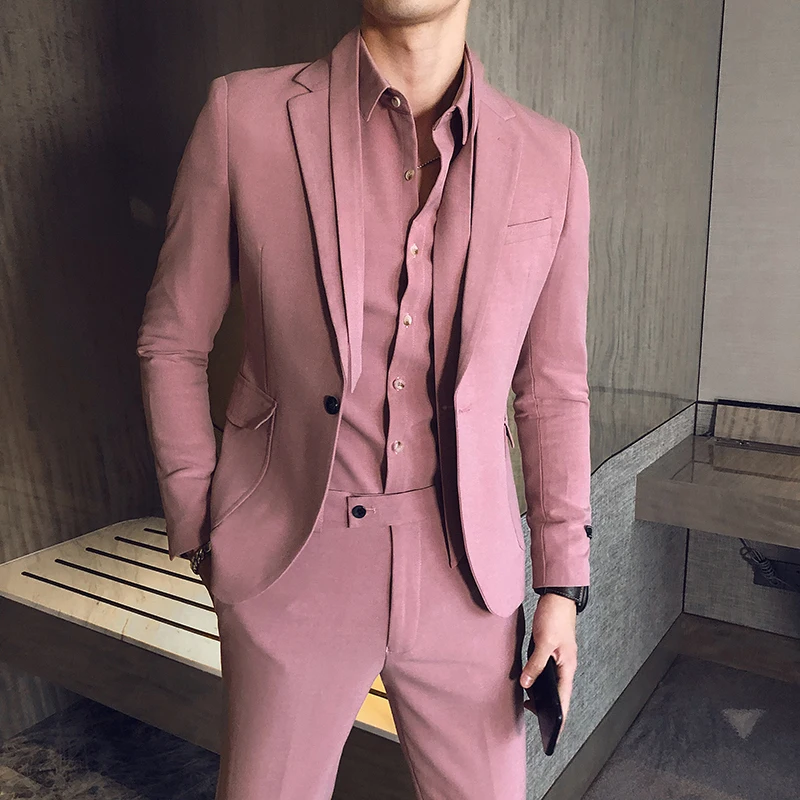 Pink Mans Suits For Wedding Groom Tuxedos Best Man Wear Business Suits Dinner Suits Prom Evening Dresses 2 Pieces(Jacket+Pants)