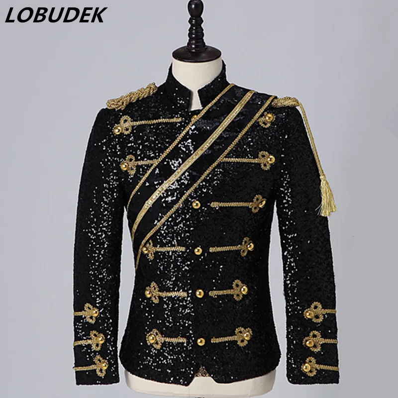 

Black White Sequins Epaulet Jacket Bar Nightclub Men's Rock Singer Band Costume Slim Stand Coat England Style Court Dress