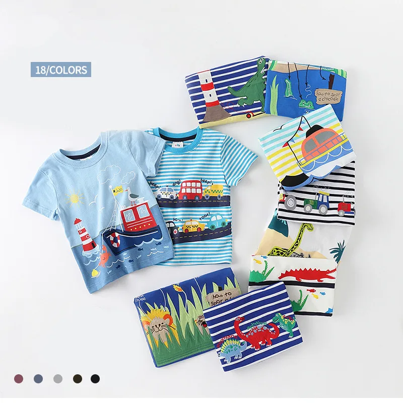 2024 Summer 2 3 4 5 6 8 10 Children\'s Clothing Dinosaur Car Stripe Print Short Sleeve Cotton Basic Tops Kids Boy Cartoon T-Shirt