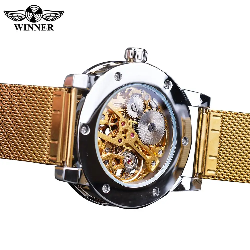 Winner Golden Watches Men Skeleton Mechanical Watch Crystal Mesh Slim Stainless Steel Band Top Brand Luxury Hand Wind Wristwatch