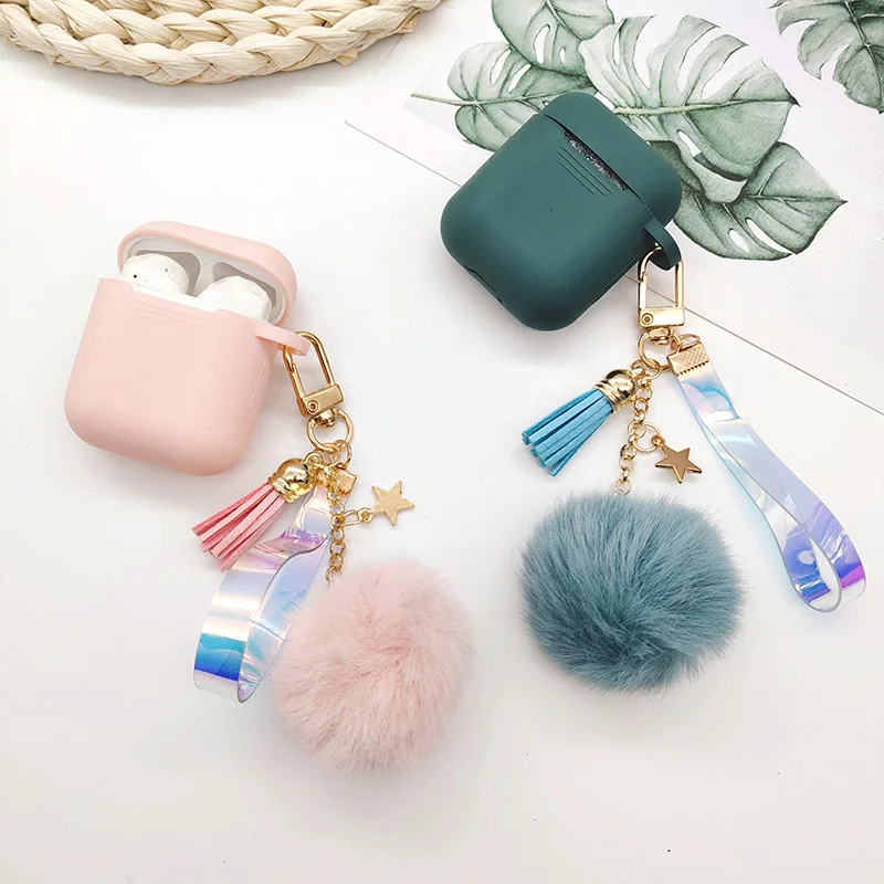ピンクのシリコンairpodspro 3ケース,bluetoothイヤホン用,かわいい星型のタッセルとヘアボール付きのキーホルダー,airpods 2/1