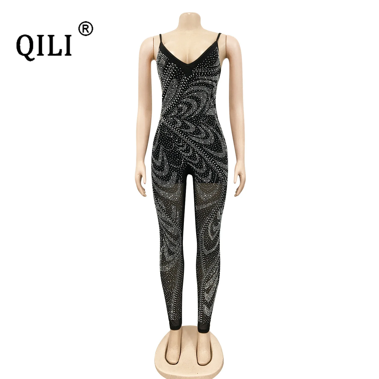 QILI-Sleeveless Diamonds Jumpsuits for Women, Black Gold Skinny Long Pants, Sexy Romper, Club Party