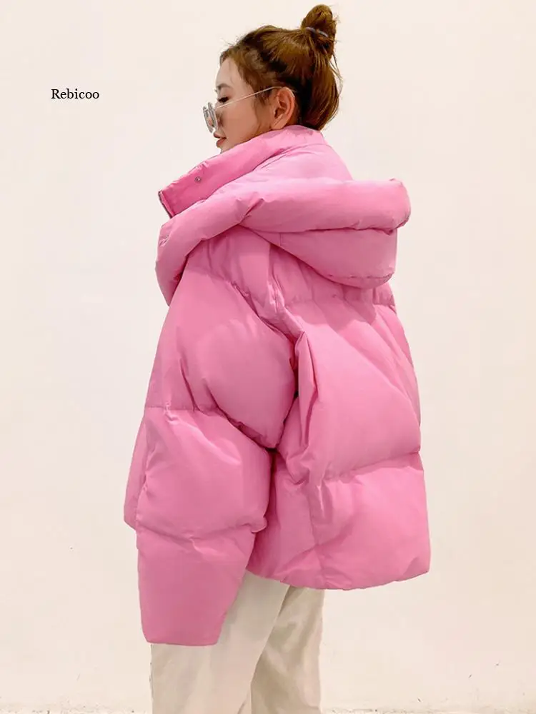 Winter Women Solid Thick Warm Oversize Parkas Loose Down Jacket Female Korean Elegant Hooded Cotton Jacket Winter Coats