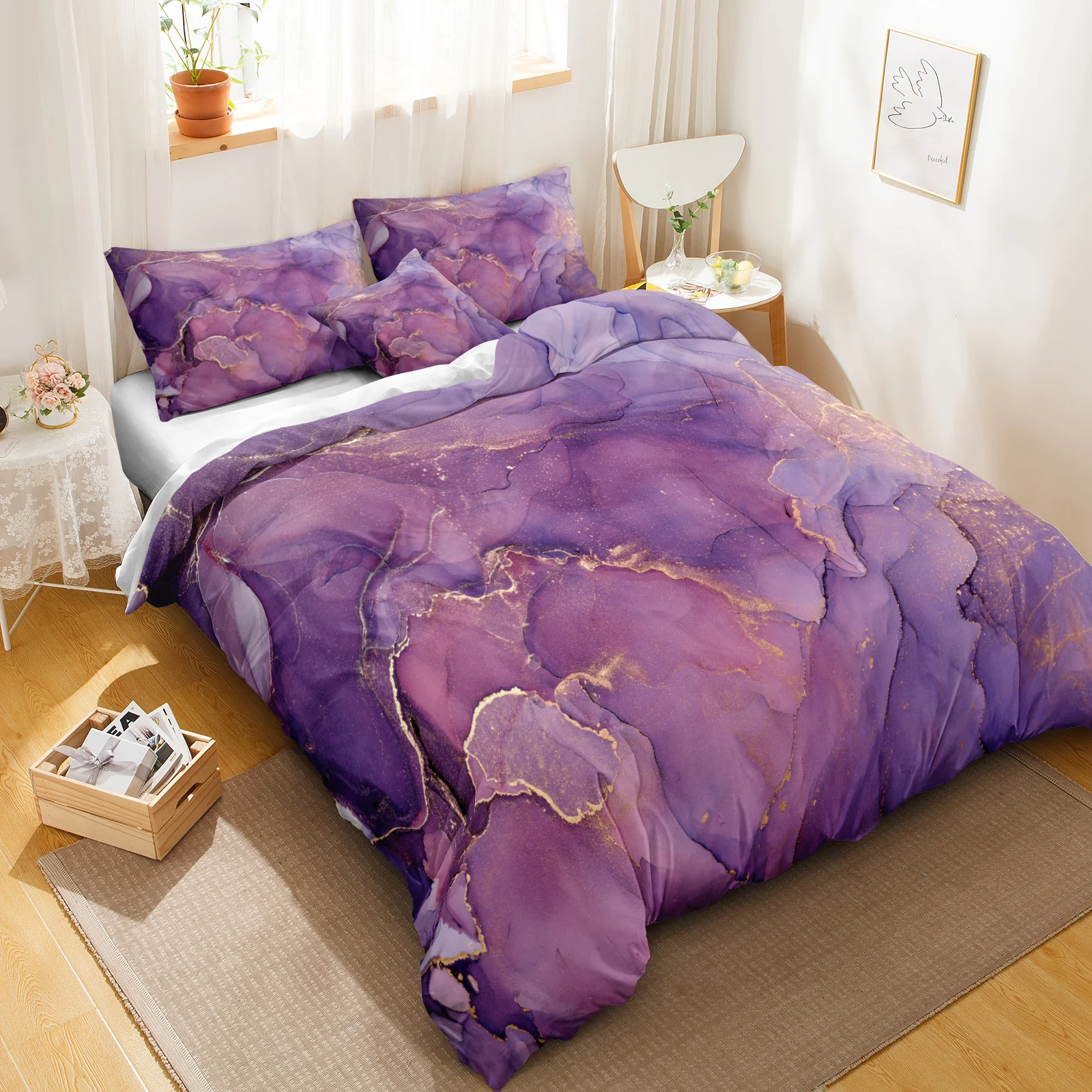 Purple Marble Bedding Purple Gold Duvet Cover Set Abstract Marble Texture Printed Pink Girls Bedding Dropshipers Bedding Sets