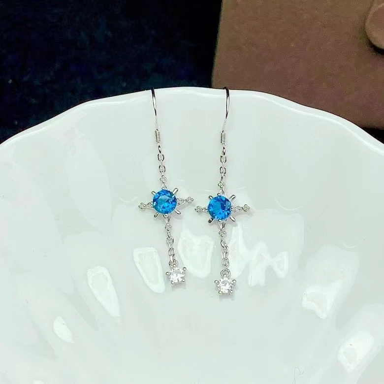 KJJEAXCMY fine jewelry 925 sterling silver inlaid natural London blue topaz women fresh trendy star gem eardrop earrings support