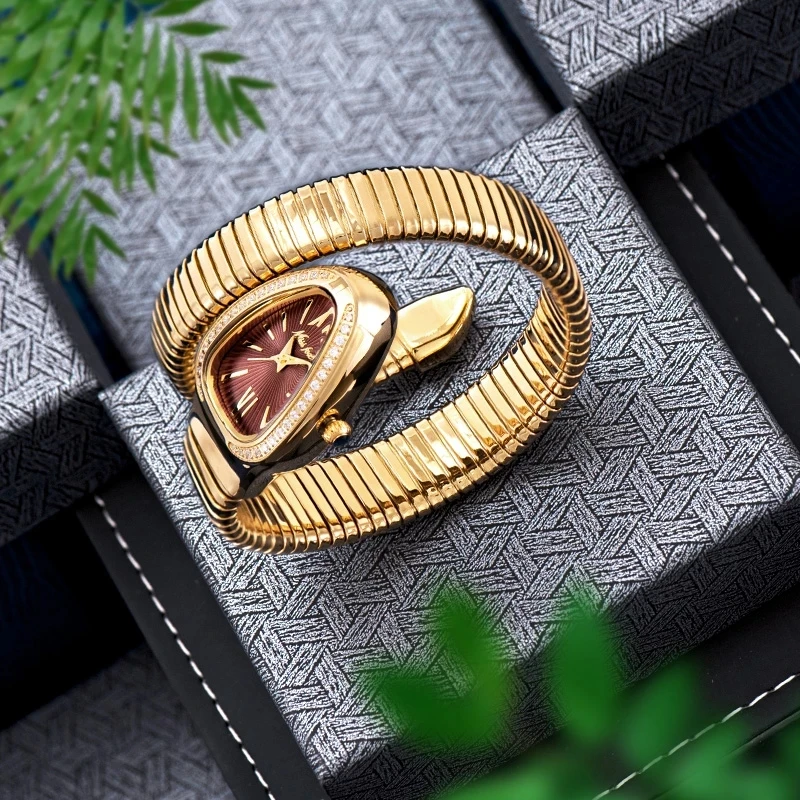 Reloj de pulsera de marca Miss Fox para Mujer, relojes de pulsera de cuarzo con forma de serpiente dorada resistente al agua a la moda de lujo,