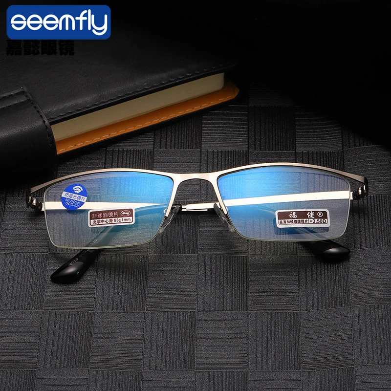 

seemfly Half Frame Men Metal Reading Glasses Blue Light Blocking Business Goggle Far Sighted Diopter Eyewear Presbyopic +1.5 2.5