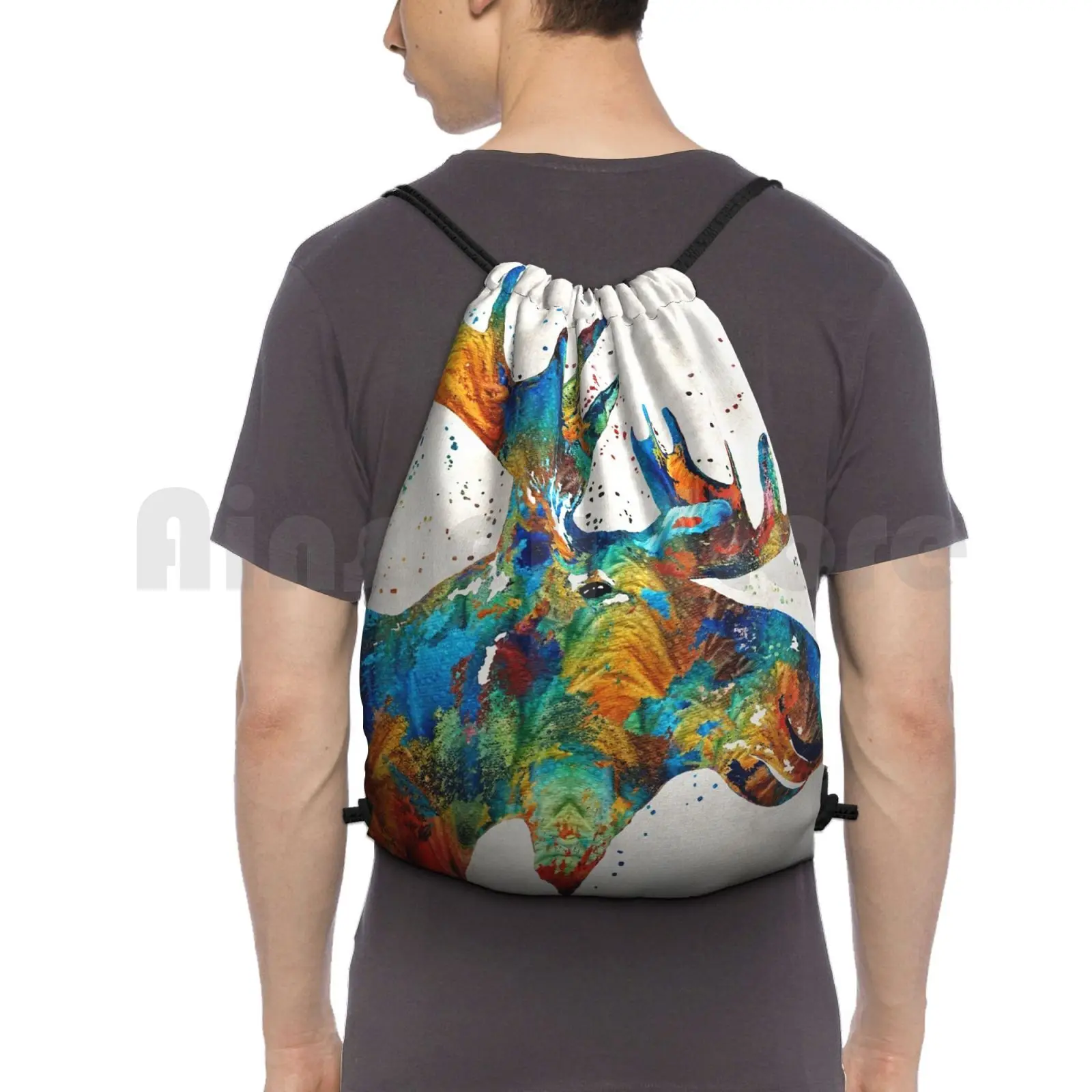 Colorful Moose Art-Confetti-By Sharon Cummings Backpack Drawstring Bags Gym Bag Waterproof Moose Pop Art Animal Animals