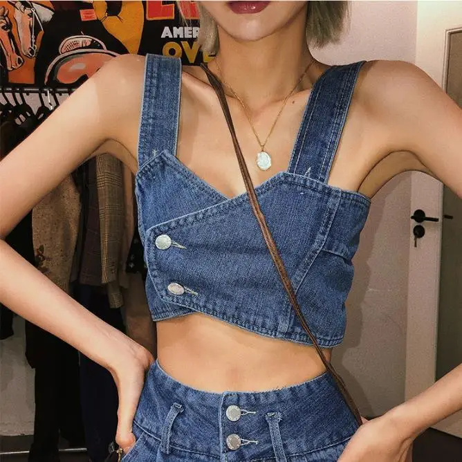 Korea Japan Lady Women Girl Casual Denim Sling Top Vest Sling Cowboy Jean Bra camisole Tops Jeans Sleeveless Slim Spring HOT