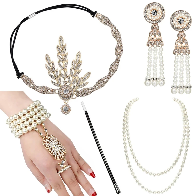 1920s Great Gatsby Accessories Set For Women 1920s Costume Flapper Headband Pearl Necklace Bracelet Earring Cigarette Holder Set