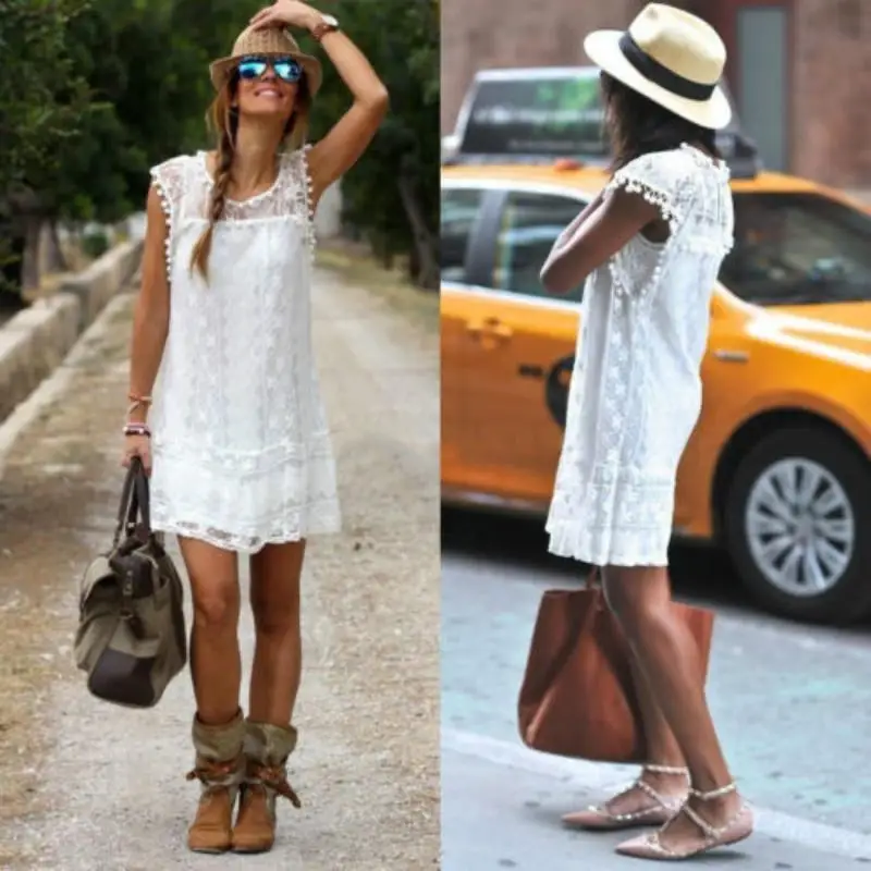 

Womens Holiday Sleeveless Lace Tassel Mini Dress Playsuit Ladies Summer Beach Dress Sundress Boho Party Dresses White