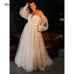 Plus Größe A-Line Strand Hochzeit Kleid Lange Puff Sleeve Spitze Brautkleid Federn Nach Maß Prinzessin Hochzeit Party Kleider Boho