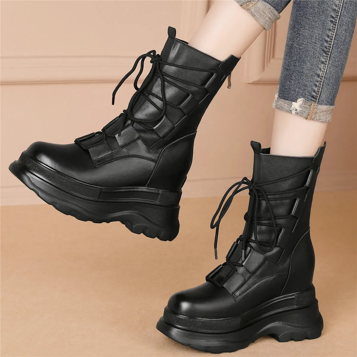 Lace Up Fashion Sneakers Women Cow Leather Wedges High Heel Ankle Boots Female High Top Round Toe Platform Pumps Casual Shoes