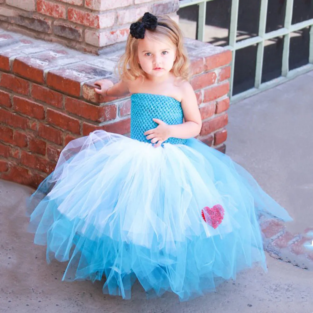 Girls Alice Tutu Dress Baby Turquoise White Tulle Dress Ball Gown with Red Heart and Hairbow Kids Cosplay Party Costume Dresses