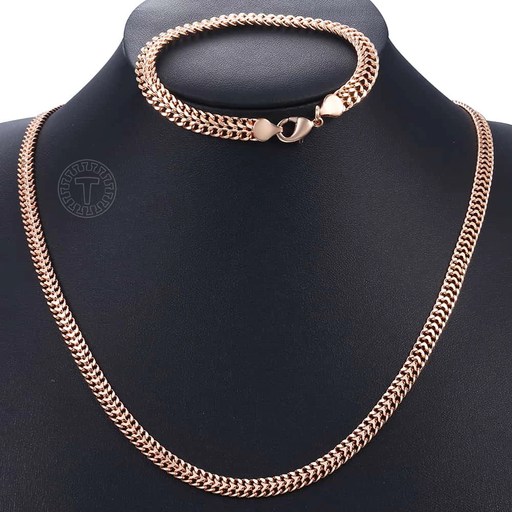 Men Women's Jewelry Sets 585 Rose Gold Color Bracelet Necklace Set Double Curb Cuban Weaving Bismark Chain Wedding Gift KCS04