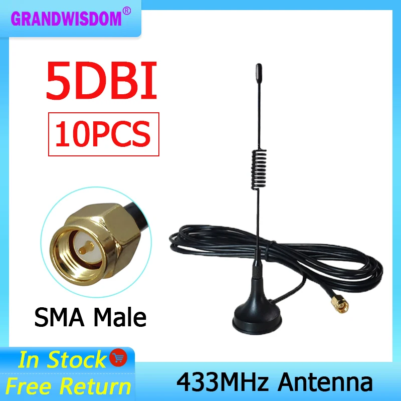 GRANDWISDOM-antena de 5dbi, 10 piezas, 433mhz, sma, macho, lora, pbx, módulo iot, lorawan, receptor de señal, antena de alta ganancia minero de