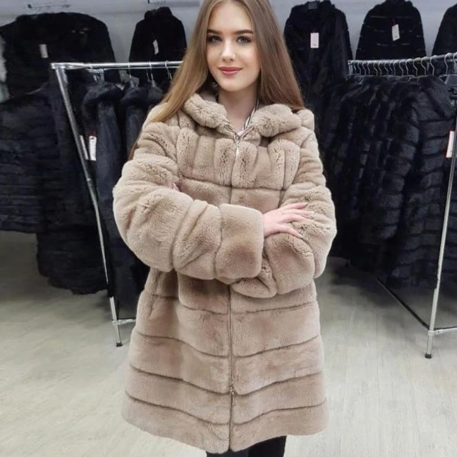 Abrigo de piel con capucha para mujer, chaqueta de piel de conejo Rex Natural, abrigo desmontable cálido para invierno, prendas de vestir exteriores de alta calidad, superventas