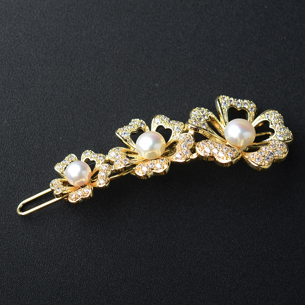 62X28mm 18K Gold Plated Freshwater White Pearl Flower Hairpin