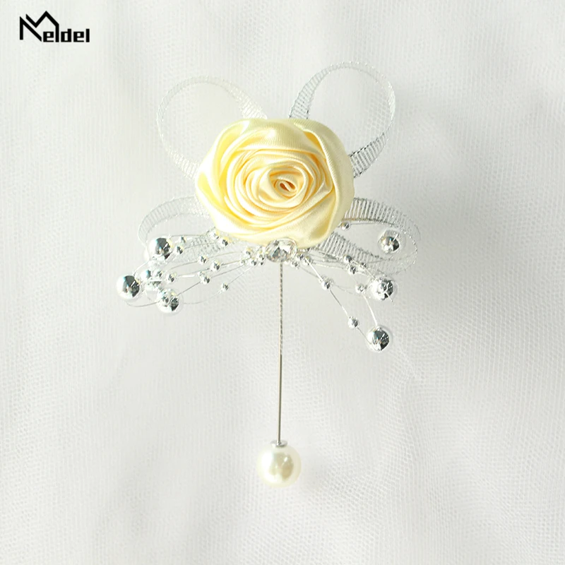 Meldel broche de perlas artificiales, ramillete de boda, flores, rosas de seda, Boutonniere, Corsages y Boutonnieres de boda para hombres