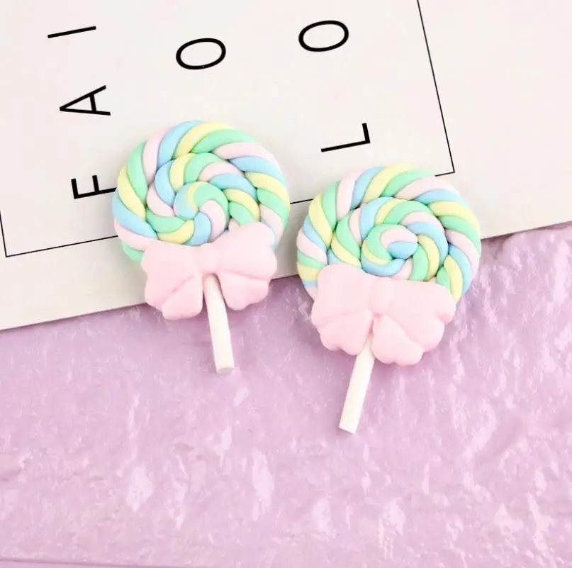 100pcs Spiral Rainbow Polymer Clay Bow Tie Candy Cabochon Beauty Kawaii Lollipop Flatback For DIY Phone Decoration Center Crafts