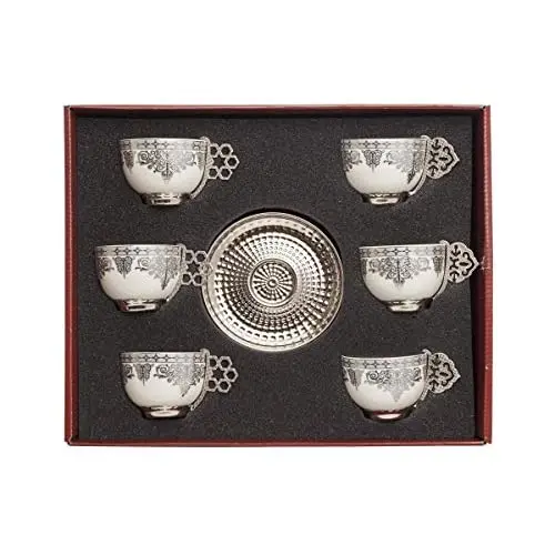 LaModaHome Espresso Coffee Cups with Saucers Set of 6, Porcelain Turkish Arabic Greek Silver Coffee Cups and Saucers, coffee Cup