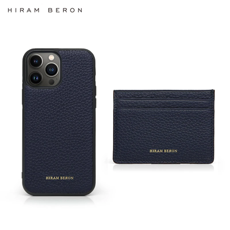 Hiram Beron Monogram Navy Pebble Pattern Leather Card Holder Case for Iphone 14 13 12 11 15 Pro Max Gift for Men Dropship