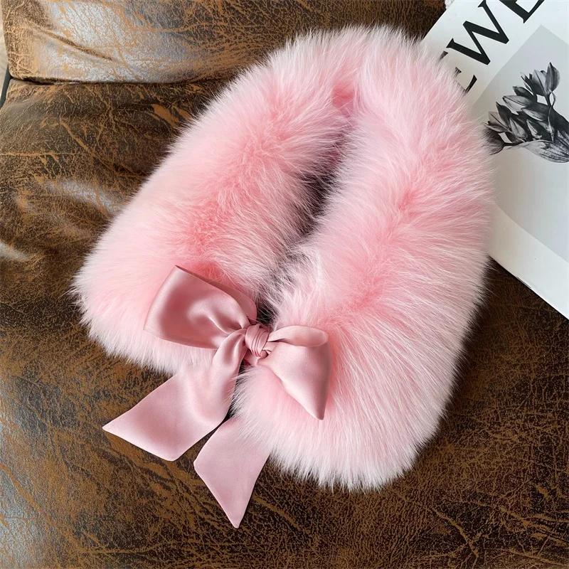 Women\'s Natural Real Fox Fur Scarf Square Collar Winter Luxury Coat Decorate Keep Warm Thick Ribbon Solid Fox Fur Scarves Female