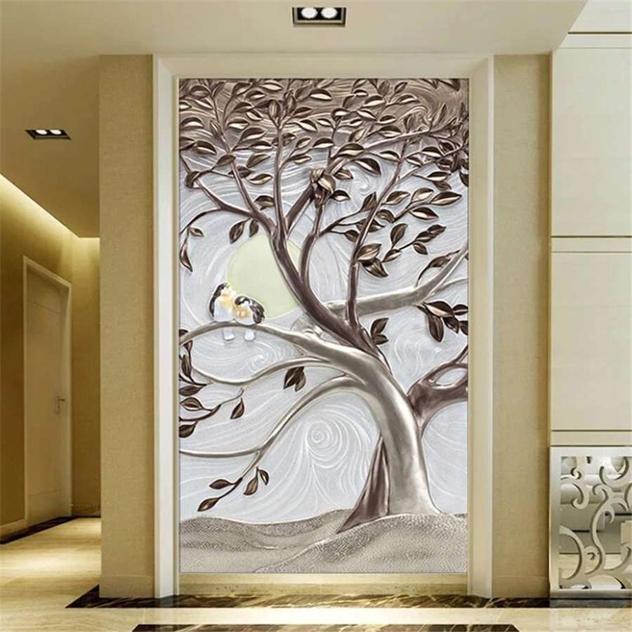 beibehang Custom wallpaper 3d oil painting fortune tree bird metal texture porch background wall living room обои papel de pared