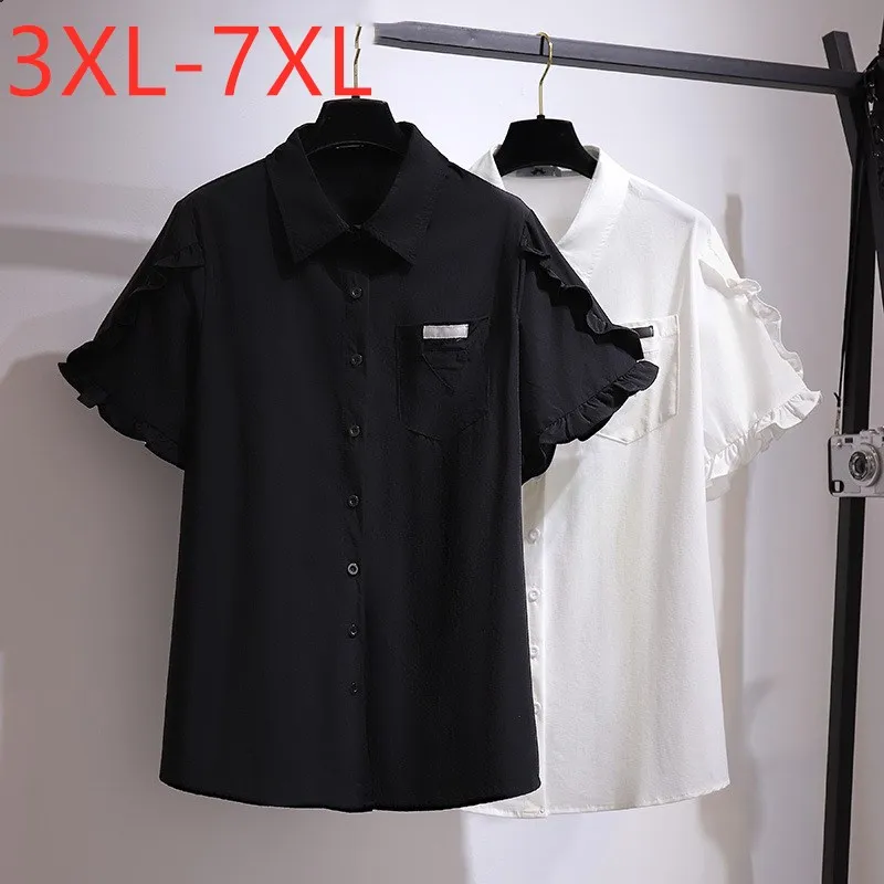 Mới 2021 Nữ Mùa Hè Plus Size Áo Cho Phụ Nữ Lớn Ngắn Giản Dị Tay Cotton Bỏ Túi Áo Sơ Mi Đen 3XL 4XL 5XL 6XL 7XL