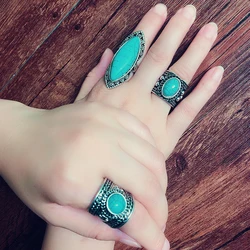 Fashion Blue Turquoise Ring Vintage Tibetan Silver Finger Ring Women Wedding Anniversary Jewelry