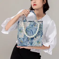 Designer Pearl strap Women Bag Canvas Fashion Totes Summer Female Travel Shoulder Bags Print Letter Women Handbag Shopping Blue