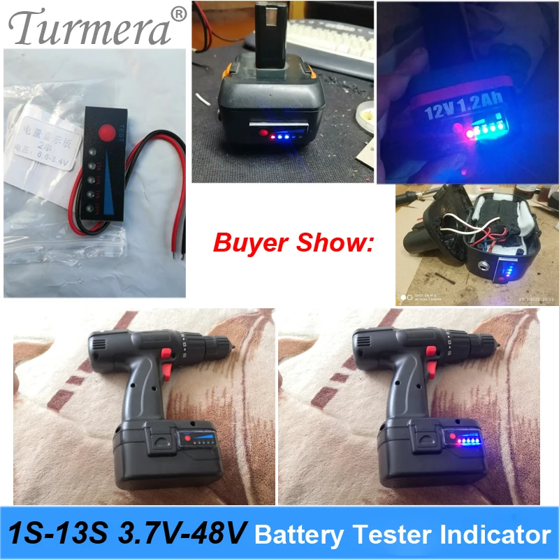 Turmera 4.2V 8.4V 12V 16.8V 18V 24V 25V 36V 48V 1S-13S Battery Tester Capacity Indicator for Screwdriver Battery and E-bike Use