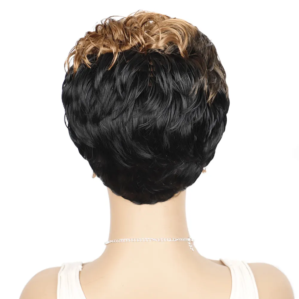 OUCEY Synthetic Hair Wigs For Women Short Wigs Women Natural Wavy Black Brown Wig Female Pixie Cut Curly Wigs With Bangs