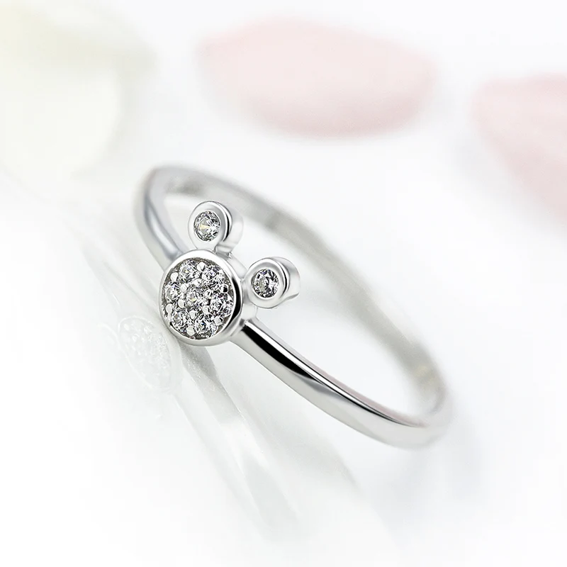 CLUCI 925 Sterling Silver Cute Mouse Shape Ring Women Zircon Party Wedding Ring Gift Jewelry DR1010SB