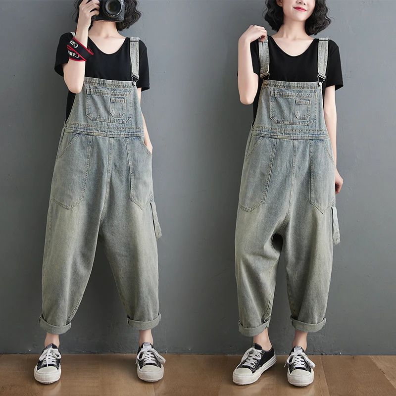 New 2021 Loose Jeans Overalls For Women Casual Plus Size Wide Leg Denim Jumpsuit Femme Straps Baggy Pants Big Pockets Dungarees