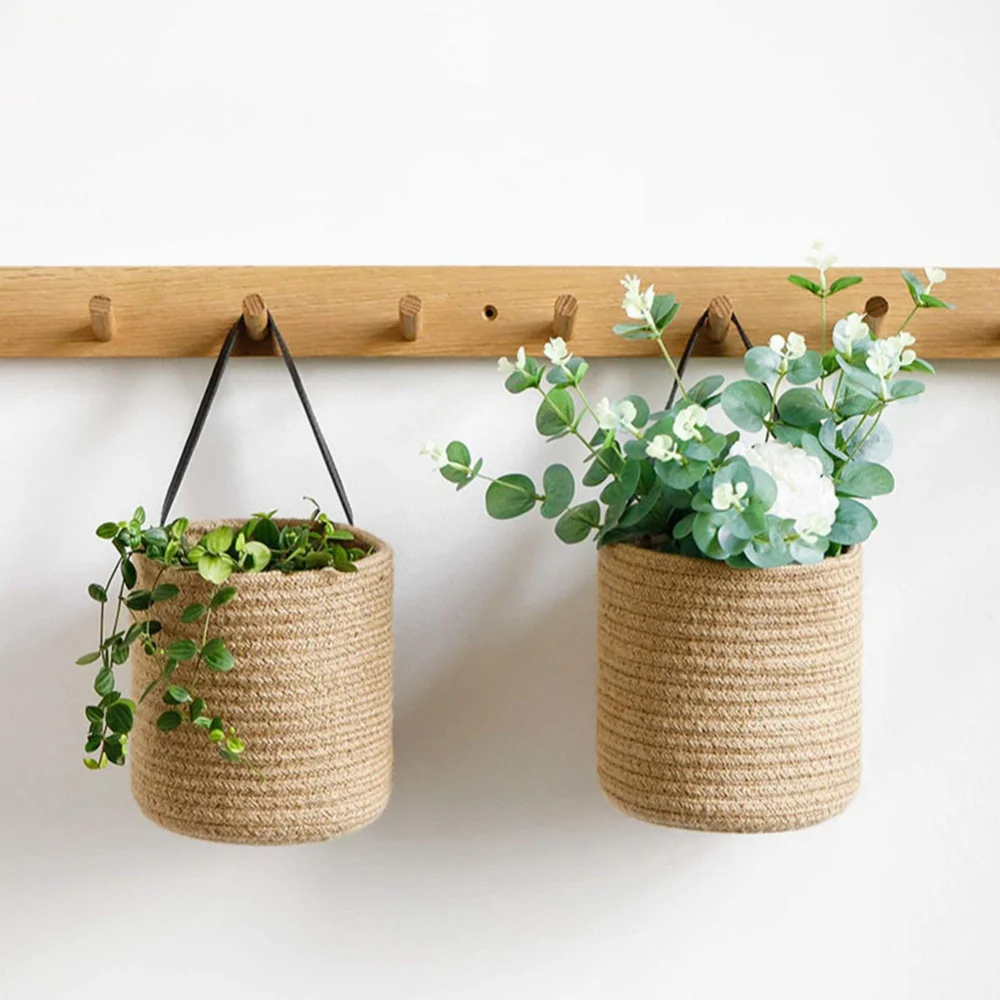 Wall Hanging Woven Jute Cotton Flower Basket Pot Planter Home Storage Baskets For Kitchen Tableware Bathroom Sundries Organizer