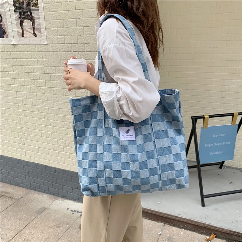 Canvas Checkerboard Bag For Women Casual Plaid Tote Shoulder Bags Leopard Print Large Handbags Female Travel Shopping School Bag