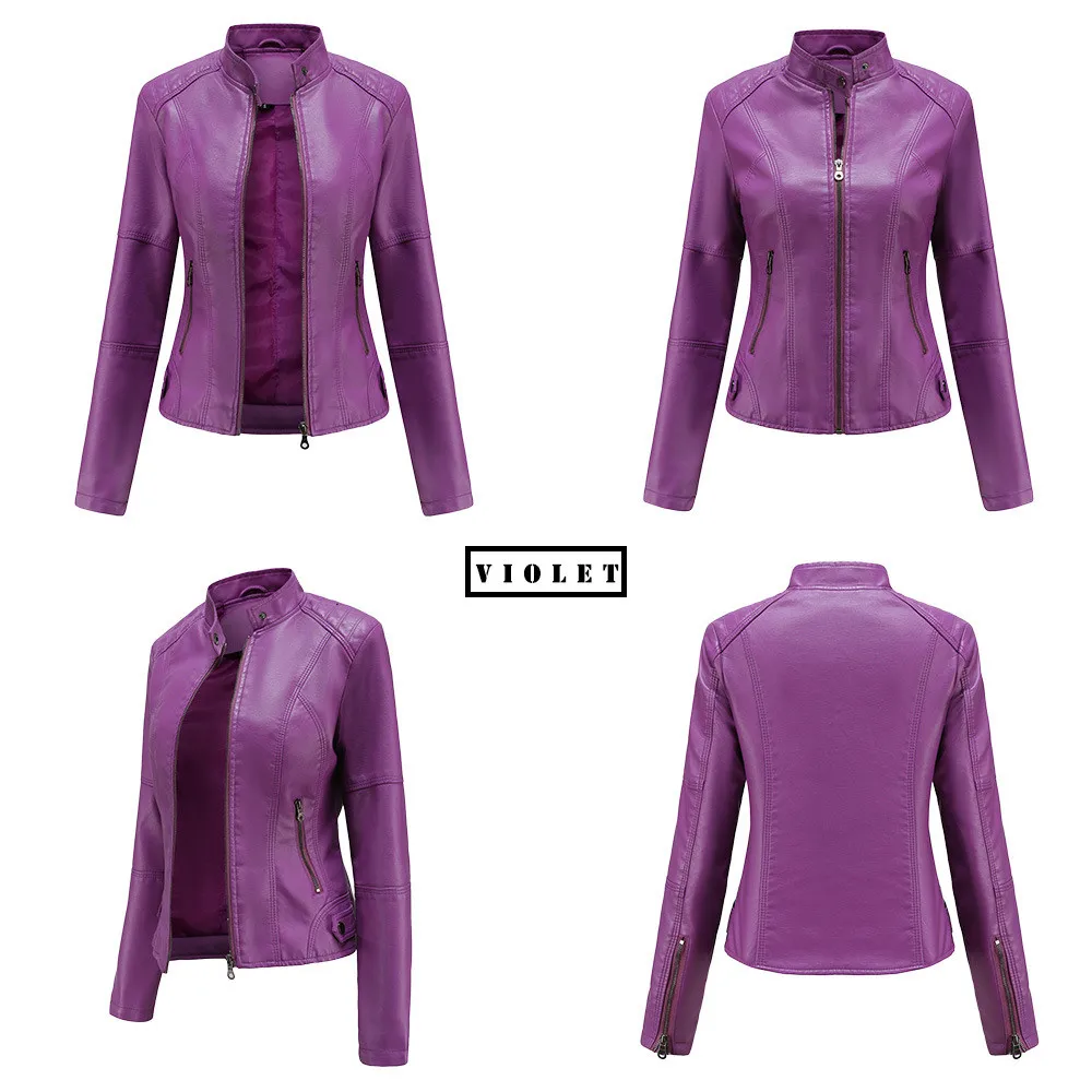 Women Leather Jacket Autumn Thin Ladies Motorcycle Jacket PU Leather Jacket Stand Collar Female Black Faux Leather Outwear