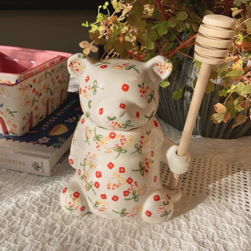 

Cute Bear Ceramic Sauce Jar Honey Pot With Lid With Stirring Rod Creative Home Decoration Storage Kitchen Accessories Utensils