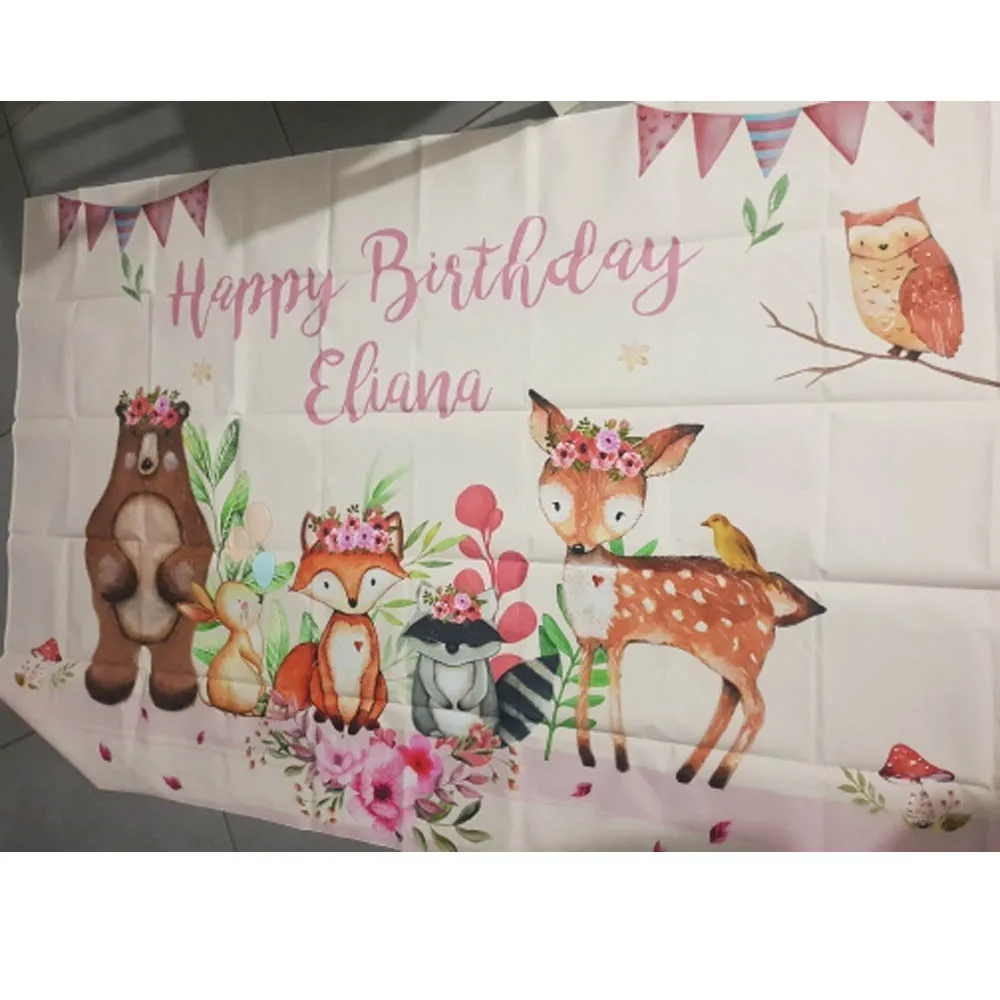 Rừng Gỗ Chúc Mừng Sinh Nhật Lưng Động Vật Dễ Thương Cáo Gấu Safari Nền Chụp Ảnh Hồng Tráng Miệng Trang Trí Bàn Đạo Cụ