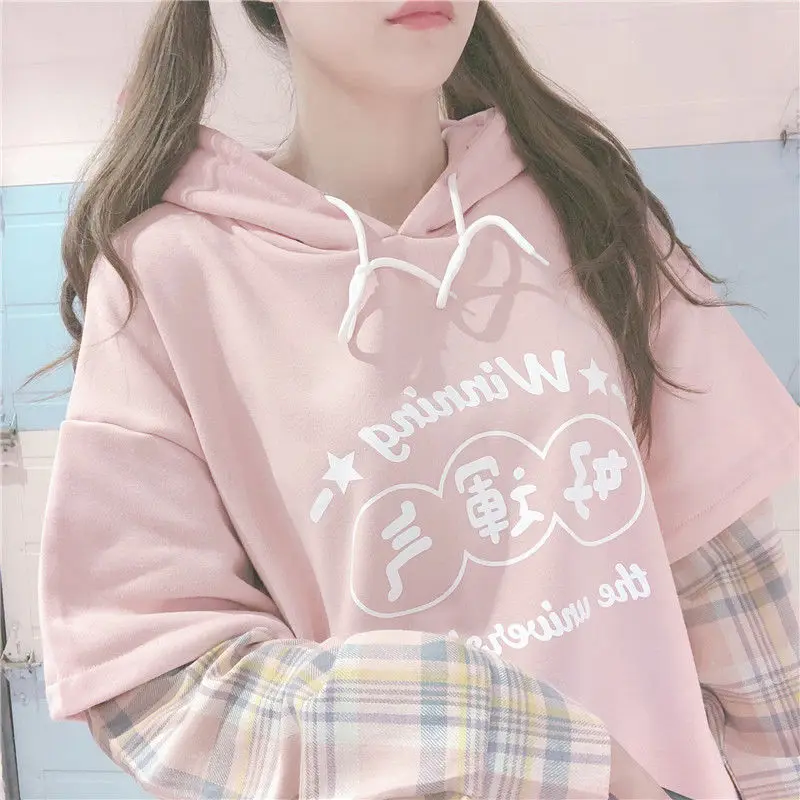 QWEEK-Sudadera con capucha Rosa Kawaii para mujer, ropa bonita coreana, suave, japonesa, Harajuku, Patchwork, a cuadros, manga larga, letras