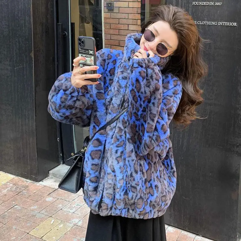 New Usa Style Faux Fur Winter Lady Sweatshirt Zipper Women Keep Warm Clothes Harajuku Leopard Zipper Blue Keep Warm Coat Female