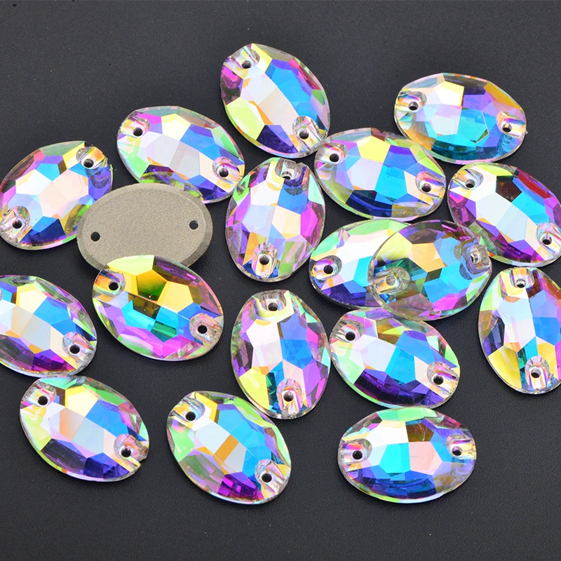 JUNAO 10x14mm 17x24mm Sewing Big Oval Crystal AB K9 Glass Rhinestones Applique Sewn On Strass Flat Back Stone for Clothes Crafts