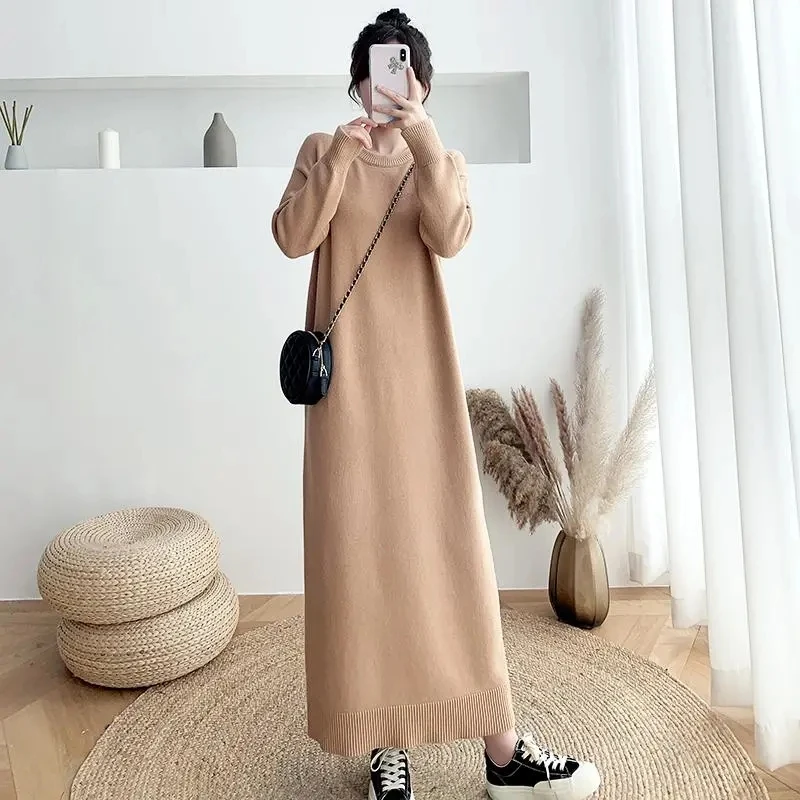 Thick Long Sleeve Knitted Dress Women Korean Fashion Maxi Vestidos Loose Plus Size 80kg Robes Casual Straight Sweater Dresses